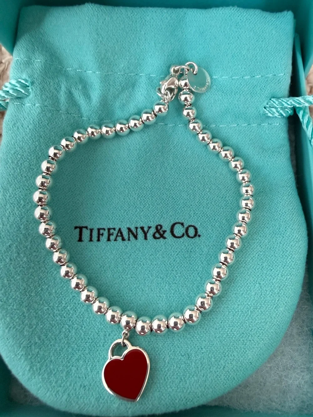 Tiffany & Co Brand New Red Mini Heart Bead Bracelet in Silver with a Diamond